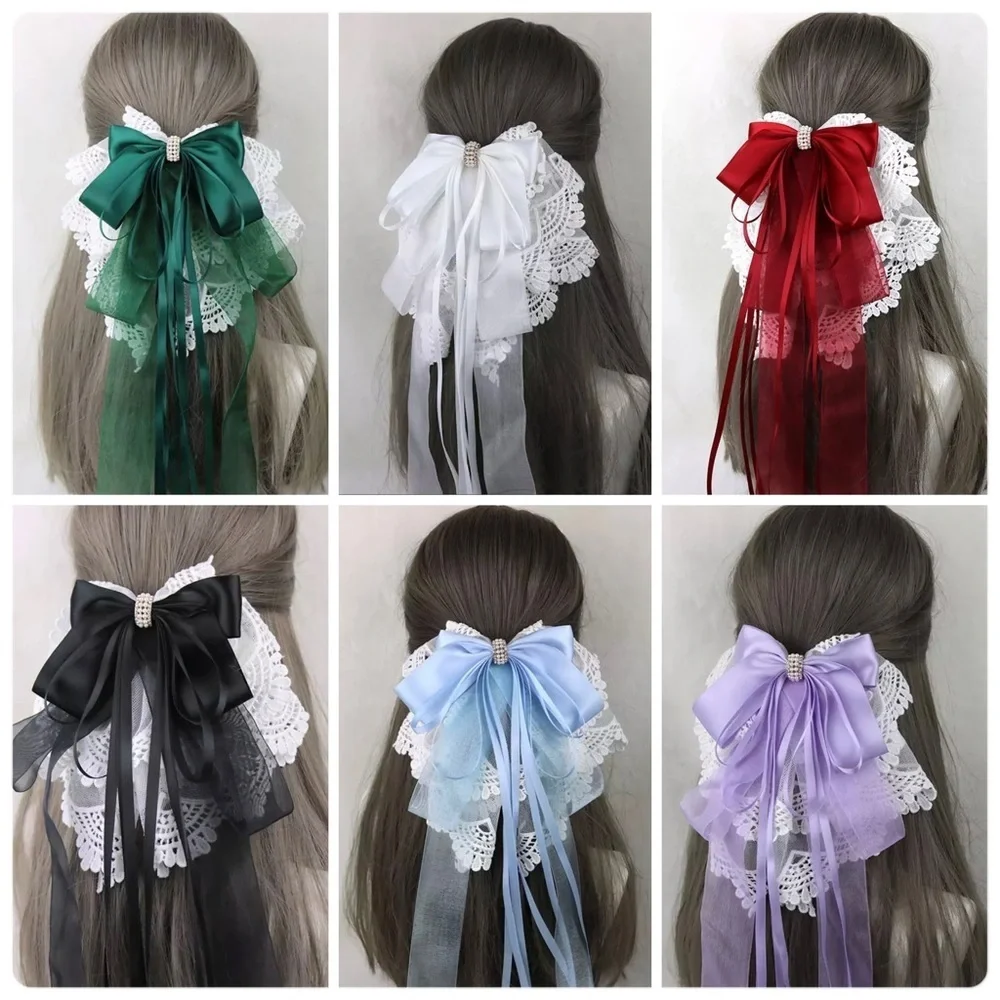 Lavender - Long Oversized Satin & Lace Bow French Barrette Hair Clip